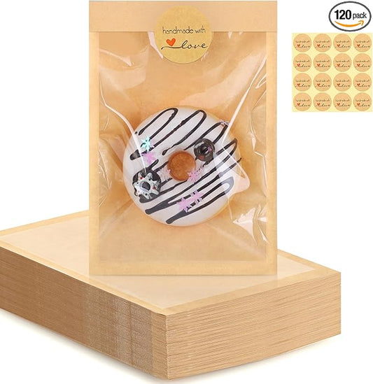 120 Pack Cookie Bags with Seal, 5.1x7.5 Inch Cookie Packaging Bags, Bakery Bag with Window, Heat Sealable Grease Resistant Bag for Donuts Sandwich Christmas Thanksgiving Harvest Party