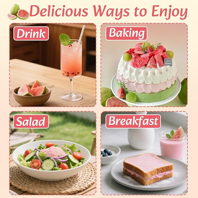 Guava Pulp Extract Powder 227 g (8 oz) Fresh Guava Powder for Drinks, Cake Ice Cream, 100% Natural, Vegan, Gluten-Free, Natural, No Preservatives, Ultrasonic Extraction Concentrated Form, for Baking, Smoothie, Cooking