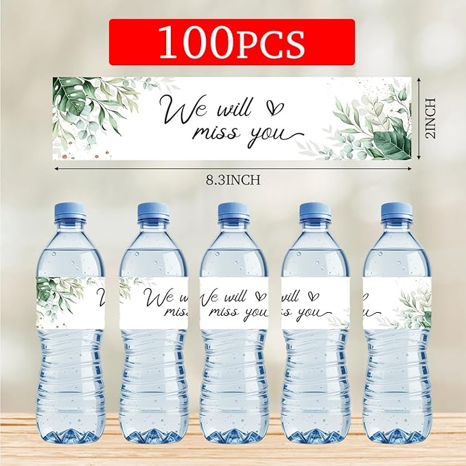 We Will Miss You Decorations 100 Pcs Greenery Floral Water Bottle Labels Sticker for Farewell Retirement Going Away Congratulations Goodbye House Warming Moving Away Good Luck Party Decorations