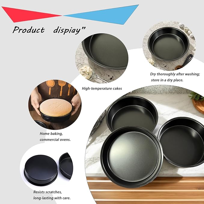 8" Round Nonstick Cake Pan Set, 3 Piece Carbon Steel Solid Bottom Baking Molds, Oven Safe - Contains 50 Sheets of Oil Paper, Essential for Home Baking with Non-Stick Coating (Black)