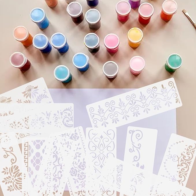 12 Pcs Border Stencils for Painting Mandala Flower Stencil Template Retro Reusable Furniture Cake Decorative Stencils Border for Wood DIY Craft Canvas Fabric