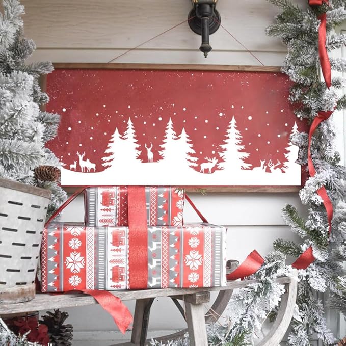 Christmas Stencils for Window Glass Large Christmas Stencils for Door Mats Forest Deer Winter Scene Holiday Stencil for Painting on Wood Doormat Fabrics Decor