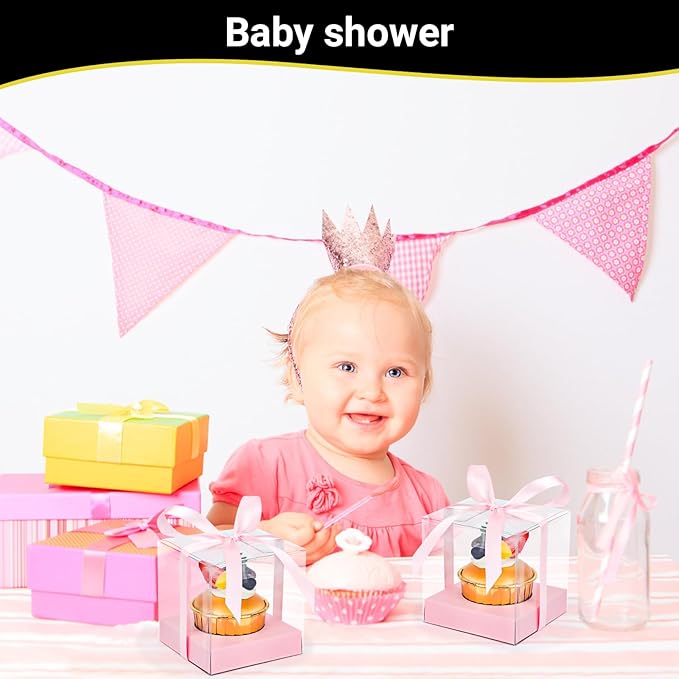 EUSOAR Cake Containers with Lids, 50pcs 3.5 Inch Plastic Clear Individual Single Cupcake Boxes Containers, Transparent Cupcake Holder Carrier with Ribbon and Inserts for Wedding Party bakery-Pink