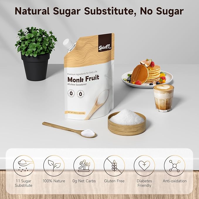 SPICEEL Monk Fruit Sweetener with Allulose - Zero Calorie White Sugar Substitute, No Erythritol, Keto Friendly, from Monk Fruit Extract for Baking, Coffee&Tea, Gluten Free, Vegan, Sugar Replacement(1lb pack of 1)