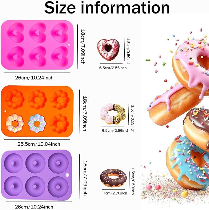3pcs Silicone Donut Molds for Baking Round/Heart/Pumpkin Shaped Donut Pans 6 Cavity Nonstick Mini doughnut Pan BPA Free Heat Resistant Donut Baking Pan Bagels
