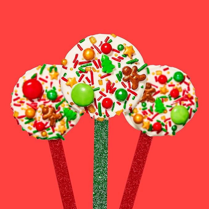 Fancy Sprinkles Limited Edition Holiday Holladaze Sprinkles Red, Green and Gold Blend of our ignature Crunchy Jimmies, Candy Trees, Stars and Gingerbread Men, and Chocolate Gems (0.25c)