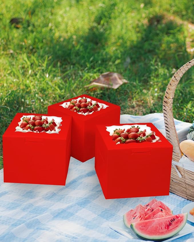Bakepacker Red 8x8x5 Inches 36pcs Cake Boxes with Window 18-Packs Red Cake Boxes 8 Inch Bakery Boxes (18 Cake Boxes +18 Cake Boards Included)