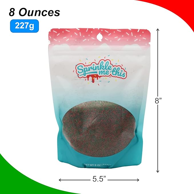 Red and Green Sanding Sugar - 8 oz Resealable Stand Up Candy Bag -Christmas Themed Sanding Sugar for Baking and Decorating - Topping for Desserts and Snacks
