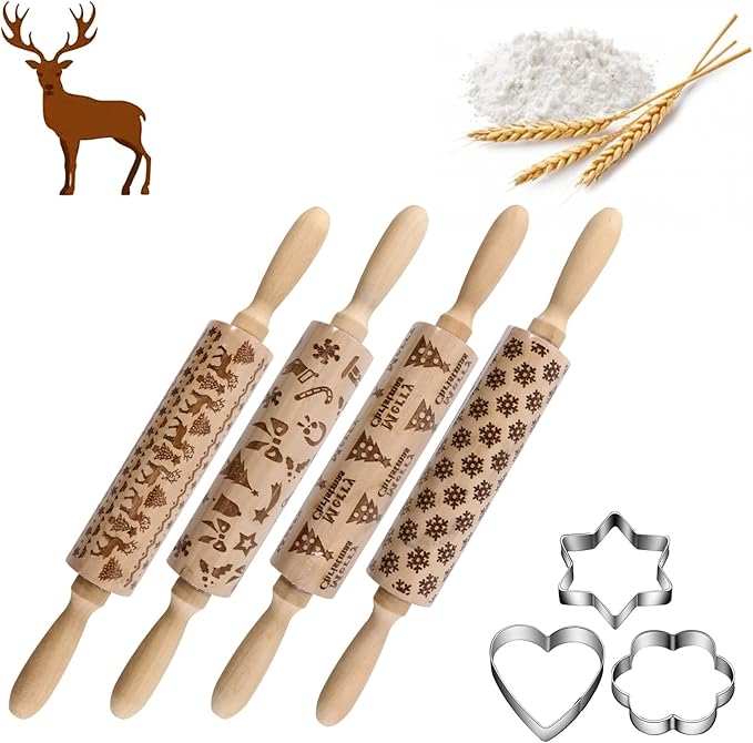 4Pack Christmas Wooden 3D Rolling Pins Embossed, Embossing Rolling Pin with Engraved Christmas Themed Symbols for Baking Embossed Cookies,Rolling Pin Kitchen Tool(14 in)