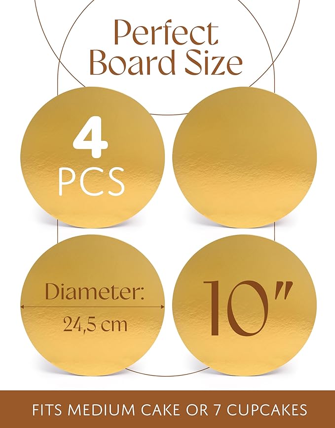 Cake Board 10 Inch Round - Oil-Proof & Sturdy Cake Base Board, Cardboard Cake Rounds Ideal As Cake Tray or Cake Disc - White & Gold 10 Inch Cake Boards