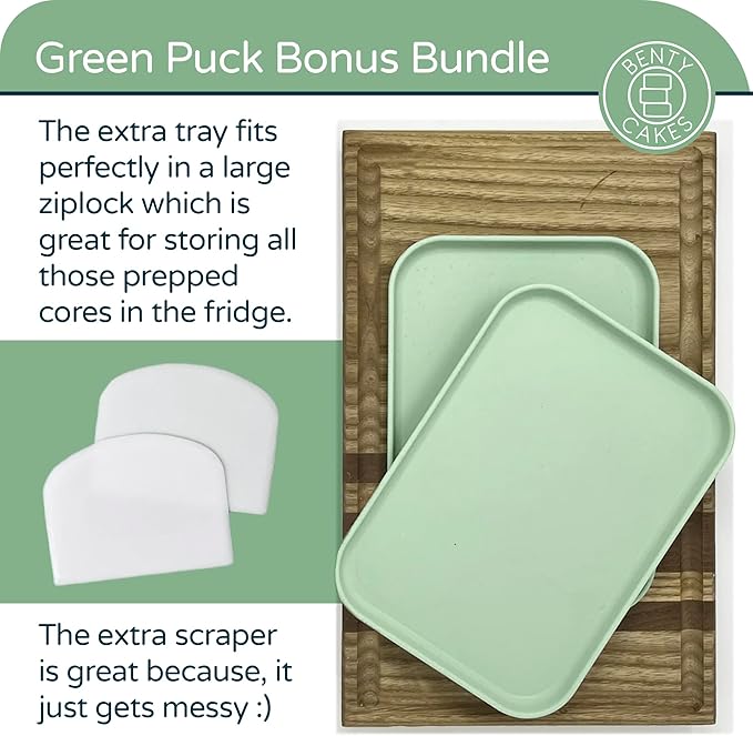 Benty Cakes – The Original CakePuck Bonus Bundle Set – Better than a Cake Pop! Make Chocolate Covered Desserts – BPA Free Silicone – Includes 1 Mold Set, 2 Trays and 2 Scrapers – Green