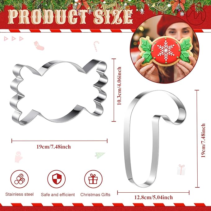 2 Pcs Large Christmas Cookie Cutters 8" Extra Large Cane and Candy Stainless Steel Giant Cookie Cutter for Holiday Baking