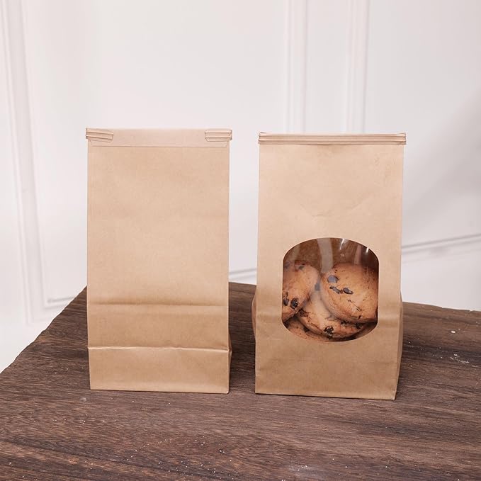 50pcs Bakery Bags with Window for Cookies Bread Packaging Brown Paper Bag Bulk XS