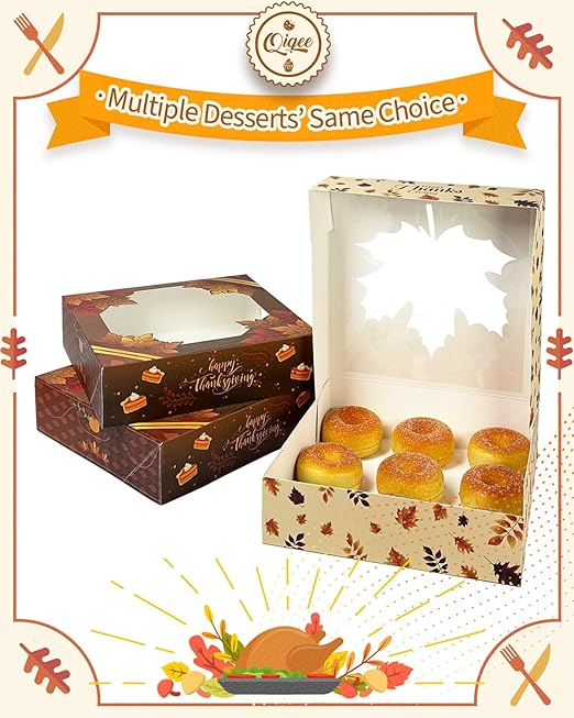 qiqee Thanksgiving Pie Boxes with Window 10x10x2.5 Inch 12Packs Cookie Donut Bakery Box