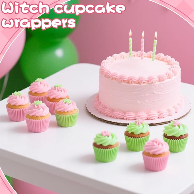 200PCS Pink and Green Cupcake Liners Muffin Baking Cups Wrappers for Pink and Green Birthday Party Supplies Disposable Pastel Cupcake Papers for Witch and Princess Theme Birthday Party Decoration