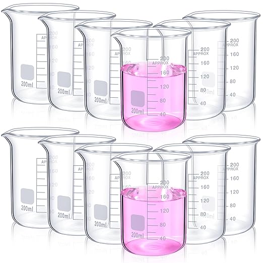 12 Pcs 200 ml Glass Lab Beaker 3.3 Borosilicate Glass Measuring Cup with Spout Low Form Glassware for Laboratories Classrooms or Home Use