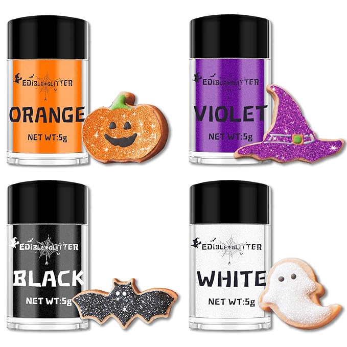 Edible Glitter 4 Colors Set - Vegan Edible Sparkle Dust for Drinks, Cakes, Baking & Party Decor - Halloween Edible Shimmer Powder Orange, Black, White, Violet - 5g/Bottles
