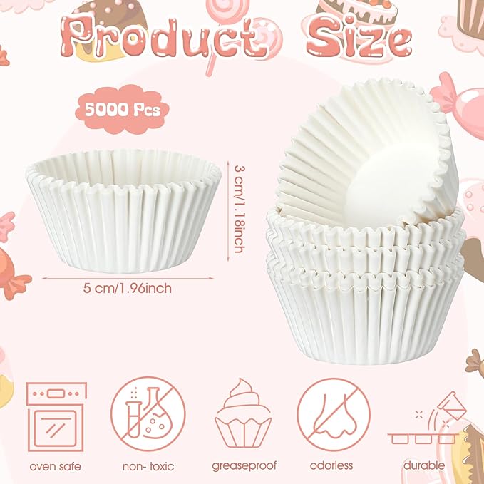 Jinei 5000 Pcs White Cupcake Liners Bulk for Baking Paper Cupcake Wrappers 1.97 Inch Paper Muffin Liners for Wedding Birthday Party