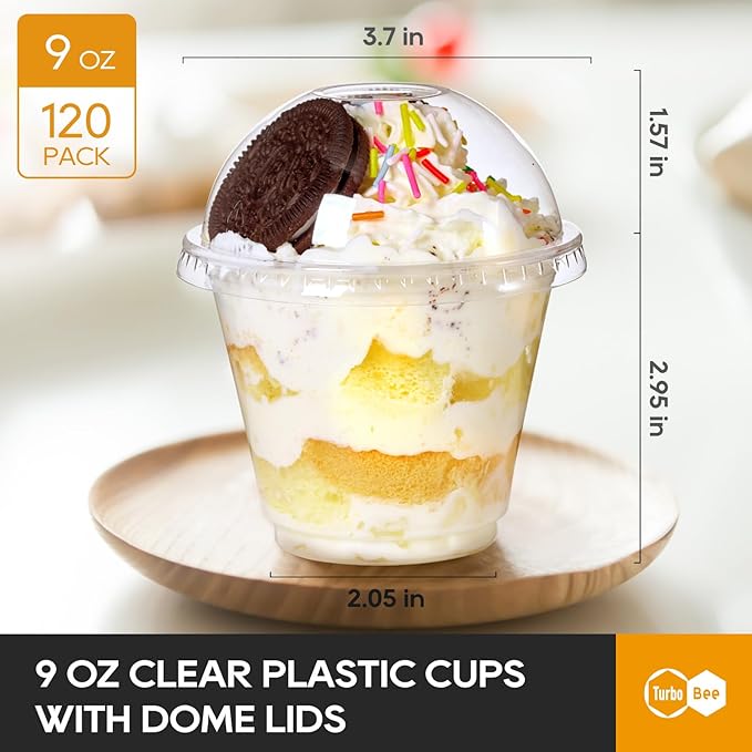 Turbo Bee 120 Pack 9 OZ Clear Plastic Cups with Dome Lids, Disposable Dessert Cups with Lids for Fruit, Snack Smoothie, Pudding and Ice Cream (No Hole)