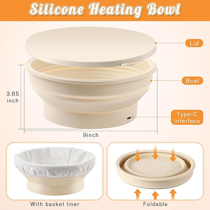 Enhon Heated Bread Proofing Baskets, Round 9 Inch Sourdough Starter Kit 4 Levels Temperature Adjustment Bread Making Tool, Proofing Basket with Liners for Banneton Bread Baking Homemade Essentials