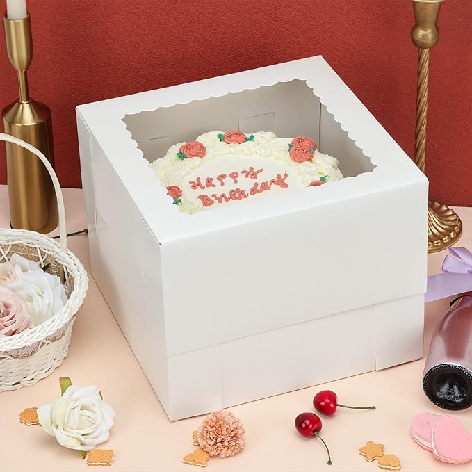 Moretoes 20pcs Cake Boxes, 10x10x8 Inches Tall Cake Box with Window, White Bakery Box, Large Baking Boxes with Window for Valentine's Day, Mother's Day, Pastries, Pies, Desserts