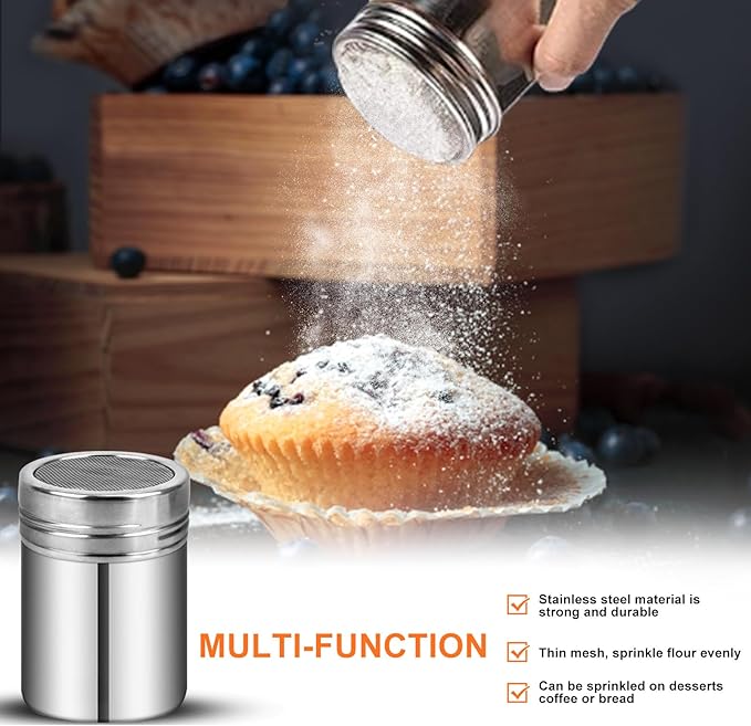 Flour Sifter, 8 Cup Stainless Steel Flour Sifters, 4 in 1 Baking Sifter Set with Powder Sugar Shaker Duster, Strainers Fine Mesh and Metal Scoop for Baking Cake, Pastries, Pies, Cupcakes, Desserts