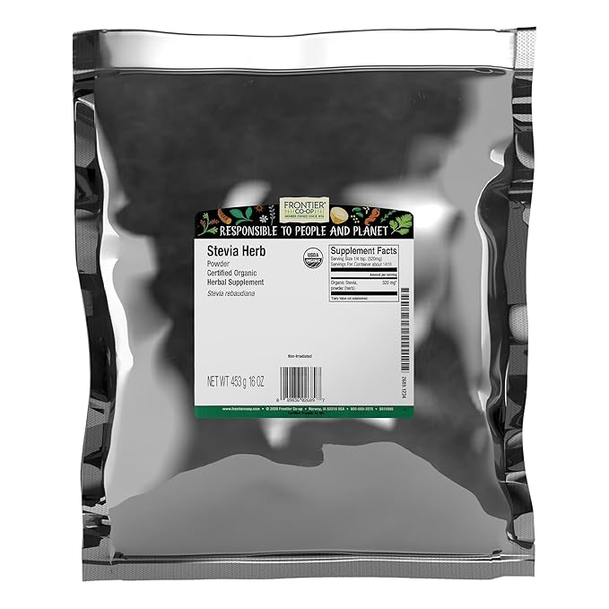 Frontier Co-op Stevia Herb Powder, 1lb Bulk Bag, Certified Organic | 100% Pure Stevia Powder | Ideal for Baking, Coffee, and Tea | No Fillers, Kosher