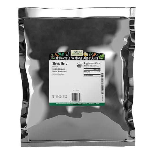 Frontier Co-op Stevia Herb Powder, 1lb Bulk Bag, Certified Organic | 100% Pure Stevia Powder | Ideal for Baking, Coffee, and Tea | No Fillers, Kosher