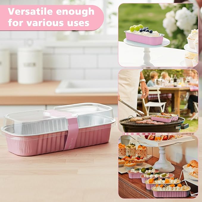 Ruckae 100 Pack Mini Loaf Cake Pan with Lids and Spoons Disposable Aluminum Tin Foil Pans Rectangle Mini Loaf Pans with Lids for Baking,Party,Picnics,Holidays (Pink)