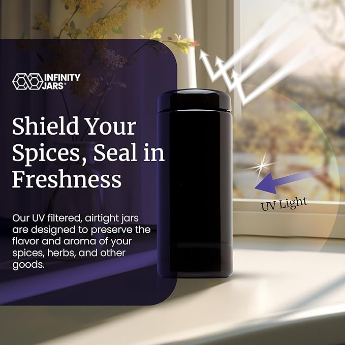Infinity Jars, 1 L (34 fl oz) Pack 5, Premium Airtight Ultraviolet Glass Jar Smell Proof, Antistatic, Light Blocking Container for Herbs, Coffee, Tea & Spices Durable, Travel-Friendly Storage