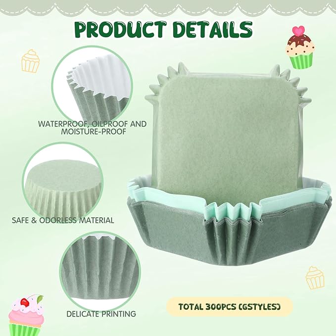 LemonRoad 300pcs Coated Paper Cupcake Liners for Baking Colorful Greaseproof Baking Cup for Muffin Dessert Candy Biscuit Cookies Brownie Wedding Birthday Party Baby Shower(Green,Square)