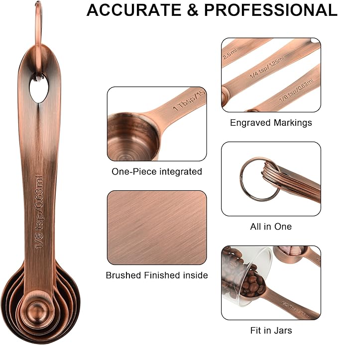 Copper Measuring Cups and Spoons Set, Stainless Steel Measuring Cups and Spoons Set, 5 Metal Measuring cups & 6 Baking Measuring Spoons, Imperial & Metric Measuring Tools Set 11