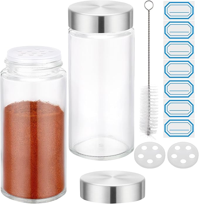Segarty 4oz Glass Spice Containers with Stainless Steel Shaker Lids, 2 PCS 120ml Spices Jars, Round Empty Seasoning Organizers for Spice Herb Storage, Salt and Pepper Shakers with 7 Stickers, 1 Brush