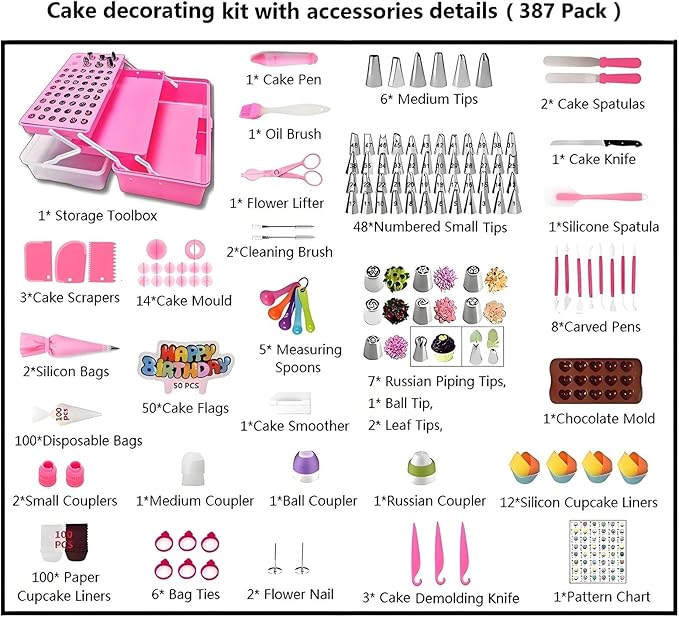 387 Pcs Cake Decorating Kit Piping Bags and Tips Set,with 64 Icing Tips,102 Pastry Bags,5 Couplers,Cake Spatulas,More Cupcake Cookie Decoration Tools,Toolbox, (Pink)