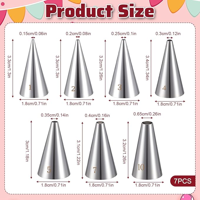 Bewudy 7 Pcs Round Hole Piping Tips Set, Stainless Steel Cupcake Frosting Nozzles Tool Professional Cake Decorating Tool for Baking Cookies Puff Doughnut Cream Bag Filler