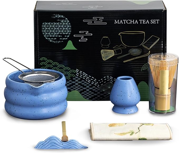 cjc 7-Pcs Matcha Whisk Set, Japanese Matcha Set: Ceramic Matcha Bowl with Spout, Bamboo Whisk & Holder, Spoon, Spoon Holder, Sifter, Tea Cloth –Complete Gift Set for Matcha Lover (Blue）