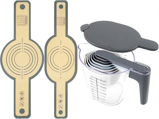 12-Piece Measuring Cups and Spoons Set with Stackable Measuring Cup, Lid, and 2 Grey Silicone Bread Slings(Oval and Round), BPA-Free, Dishwasher Safe, Baking Accessories