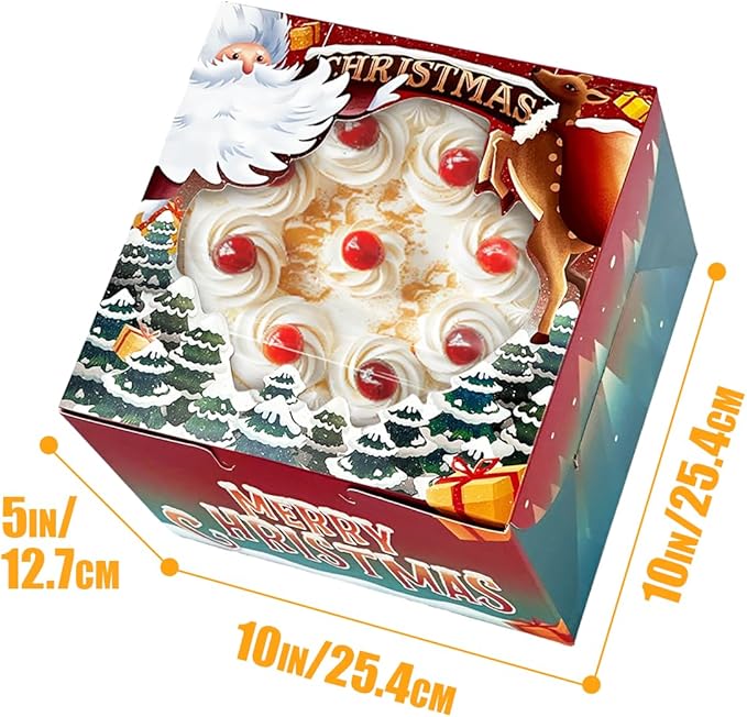 qiqee Christmas 10x10x5 Cake Box, 18 Sets Christmas Cake Box with Window ＆ 18 Sets 10" Christmas Snow House Cake Round Boards, 10inch Cake Containers