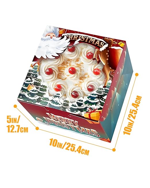 qiqee Christmas 10x10x5 Cake Box, 4 Sets Christmas Cake Box with Window ＆ 4 Sets 10 Inch Christmas Snow House Cake Round Boards, 10 Inch Cake Containers
