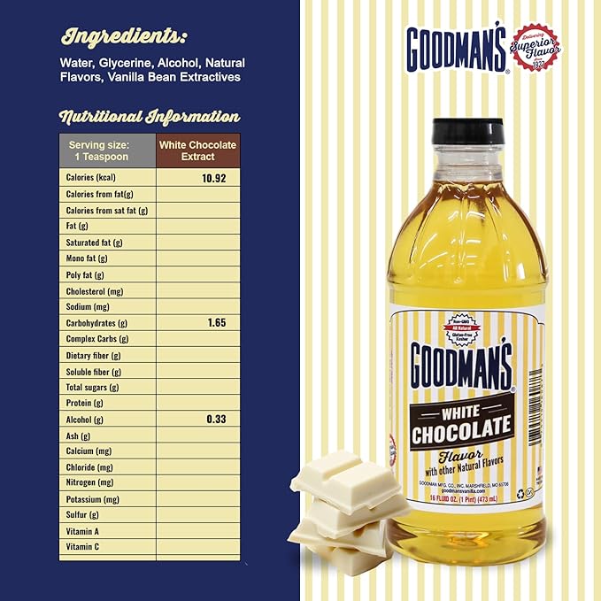Goodman's White Chocolate Flavor - Gluten-Free, Non-GMO, Kosher - For Keto and Plant-Based Recipes - Ideal for Cakes, Cookies, Hot Chocolate, Cocktails, and More! Low Carb & Low Calorie (16oz Bottle)