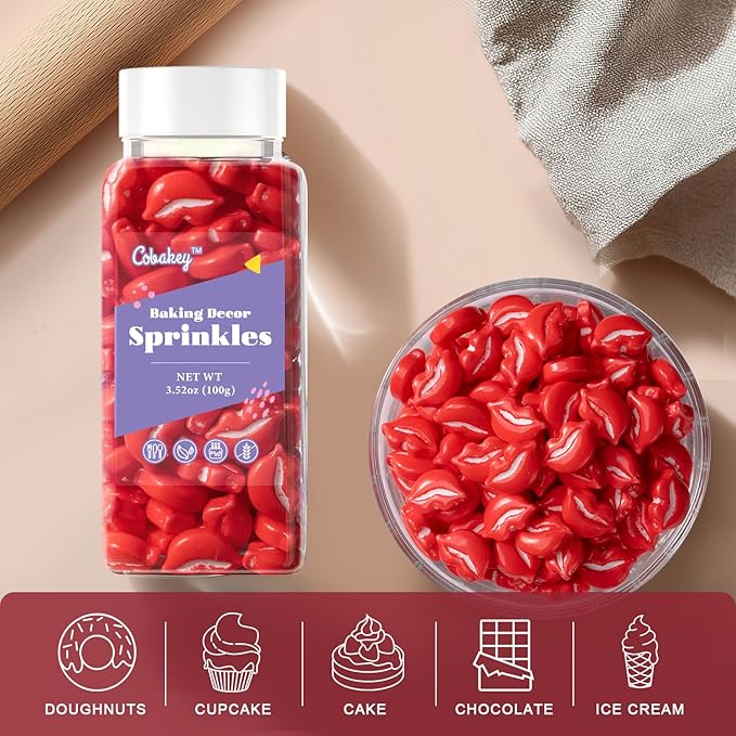 Cobakey Red Sprinkles for Cake Decorations 3.52 ounce Hot Kiss Sugar Sprinkles for Cupcake Toppers Wedding Party Valentines Halloween Christmas Supplies