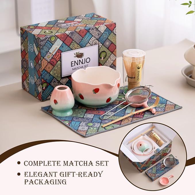 7 Pcs Matcha Whisk Set, Includes Heart Shaped Matcha Bowl with Spout, Holder And Rest, Bamboo Whisk And Scoop, Stainless Steel Sifter, Tea Towel. Complete Matcha Kit for Beginners And Gifts