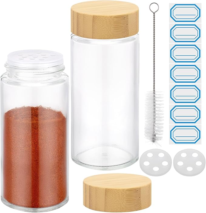 Segarty 4oz Spice Jars with Bamboo Shaker Lids, 2 PCS 120ml Round Condiment Containers, Empty Glass Seasoning Organizer for Spices Herb Cereal Storage, Salt and Pepper Shakers with 7 Stickers, 1 Brush