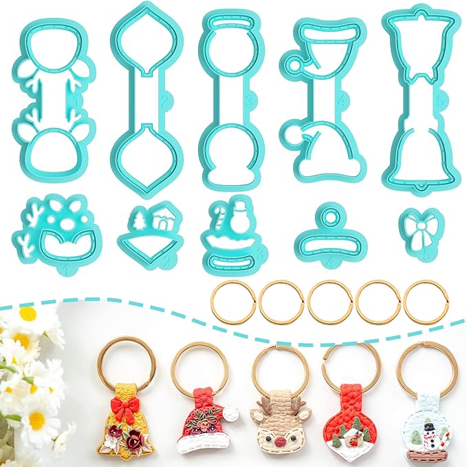 Tainsky Christmas Keychain Polymer Clay Cutters, 10 Shapes Winter Polymer Clay Keychain Cutters (B)