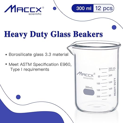 10.15oz(300ml) Sturdy Glass Beaker, Heavy-Duty Lab Beaker Set, 3.3 Borosilicate Griffin Low Form with Printed Graduation, Pack of 12, BKL300-012
