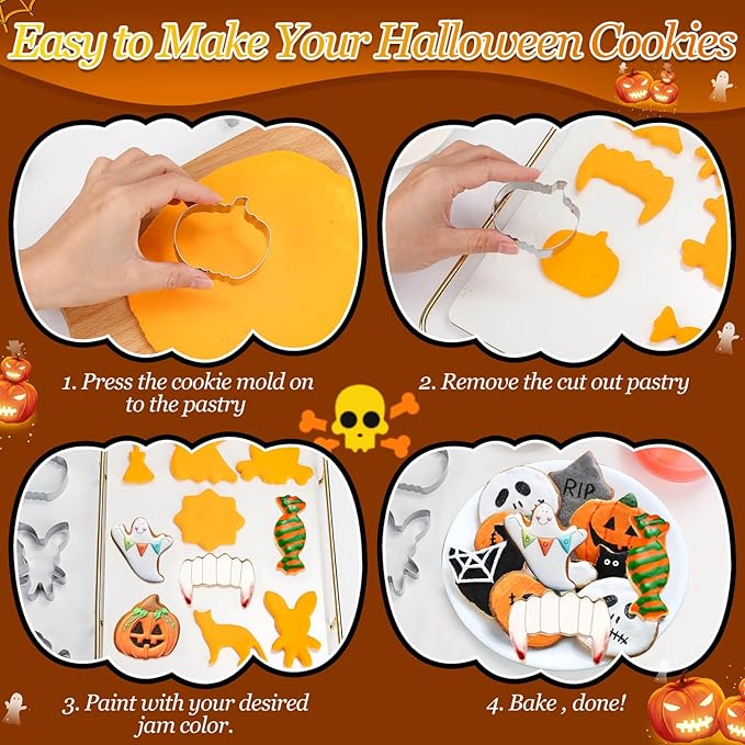 Lezmarket 20Pcs Halloween Cookie Cutters, Stainless Steel Baking Supplies for Halloween Cookie Sandwich Party Decorations- Ghost Pumpkin Cat Bat Coffin Witch Hat Skull Candy Broom Spider Owl Tooth