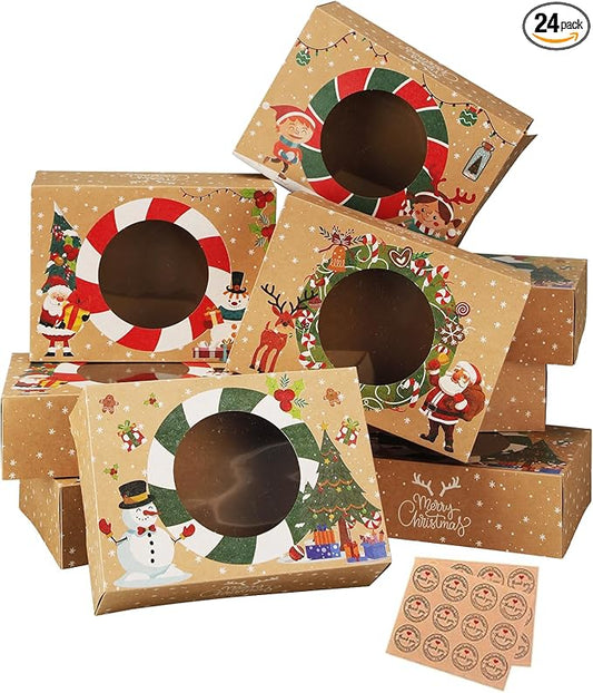 24pcs Christmas Cookie Boxes 8.25inx5.75inx2.75in-Christmas Kraft Paper-Bakery and Treat Boxes for Holiday Gift Giving and Christmas Party Supplies