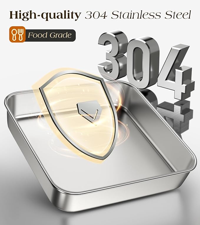8 x 8-Inch Baking Pan with lid, 304 Stainless Steel Square Cake Pan, Commercial Grade Bakeware for Cakes Brownies Casseroles, Thicker Rectangle Sheet Cake Pans, Non-toxic & Heavy Duty &Dishwasher Safe