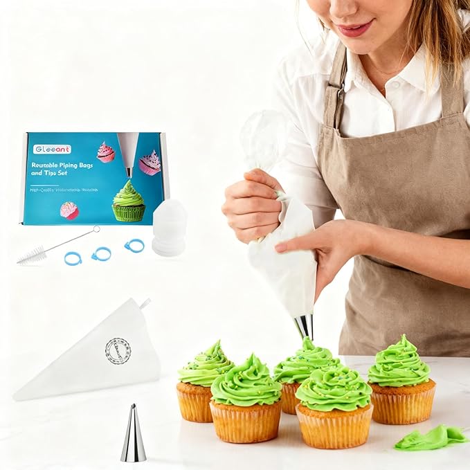 Reusable Cotton Piping Bags and Tips Set- GleeAnt Frosting Piping Kit for Baking 6pcs Large Stainless Icing Tips for Cake Decorating- Icing Bag,Coupler I Professional Cupcake Kit (11)