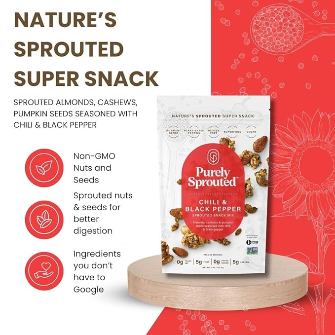 Purely Sprouted Chili & Black Pepper Snack Mix: Vegan, Gluten-Free, and Non-GMO Blend for a Healthy Crunch! (4 oz, 6 pack)